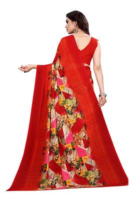 Red printed georgette saree with blouse 3