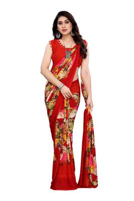 Red printed georgette saree with blouse 4