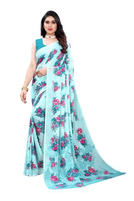Blue printed georgette saree with blouse 1