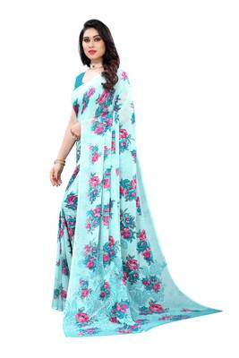 Blue printed georgette saree with blouse 2