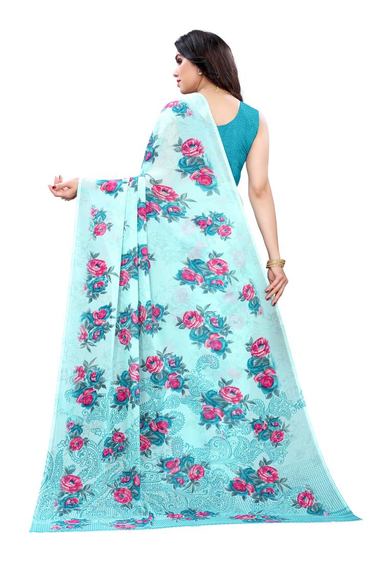 Blue printed georgette saree with blouse