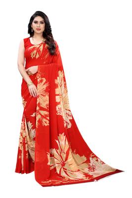 Red printed georgette saree with blouse 1