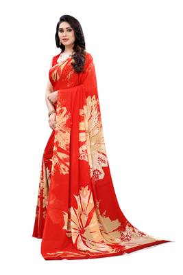 Red printed georgette saree with blouse 2