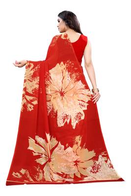 Red printed georgette saree with blouse 3