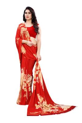 Red printed georgette saree with blouse 4