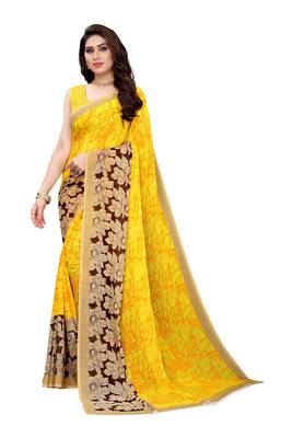 Mustard printed georgette saree with blouse 1