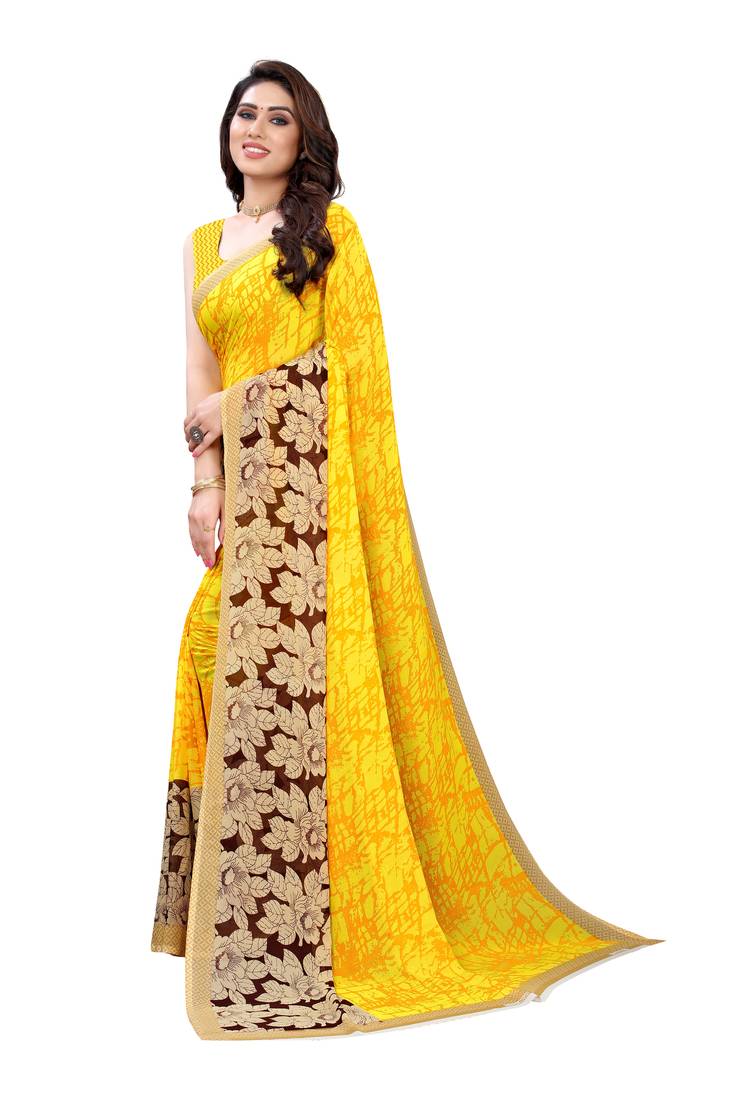 Mustard printed georgette saree with blouse