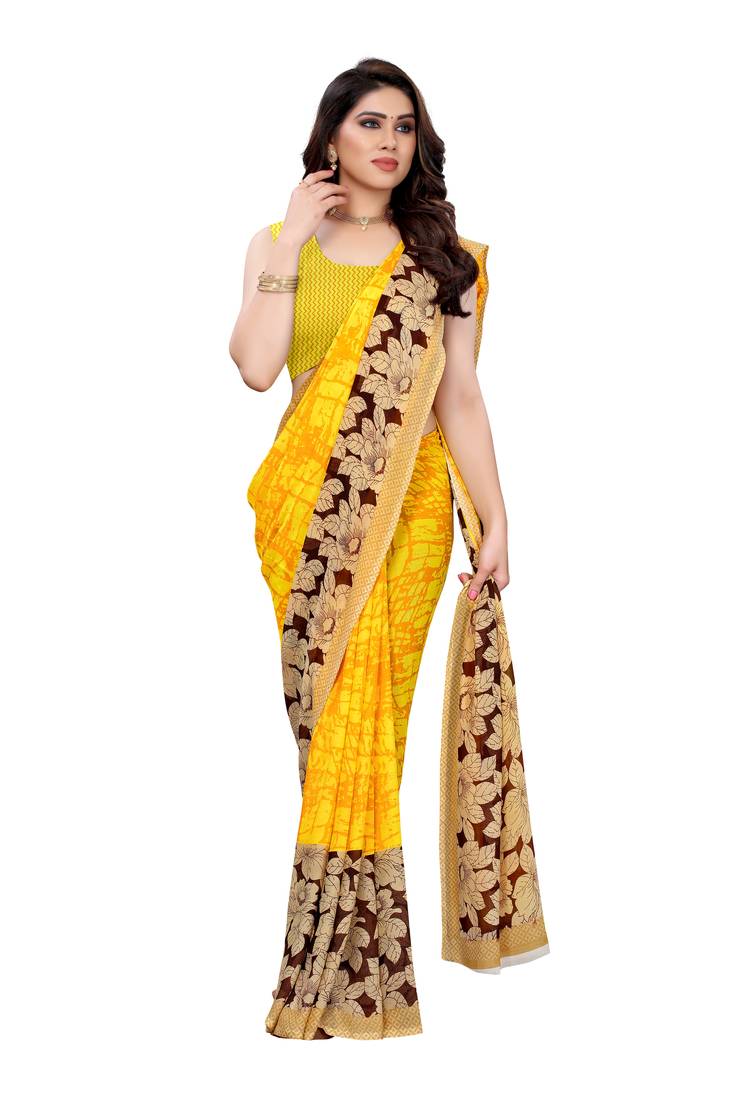 Mustard printed georgette saree with blouse