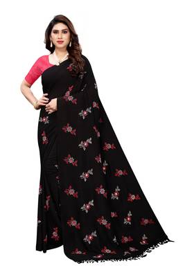 Black printed cotton silk saree with blouse 1