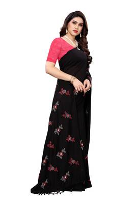 Black printed cotton silk saree with blouse 3