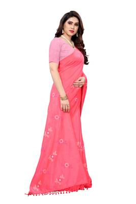 Pink printed cotton silk saree with blouse 3