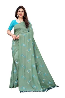 Green printed cotton silk saree with blouse 1
