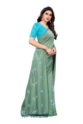 Green printed cotton silk saree with blouse 3