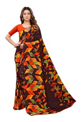 Brown printed georgette saree with blouse 1