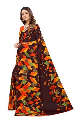 Brown printed georgette saree with blouse 2