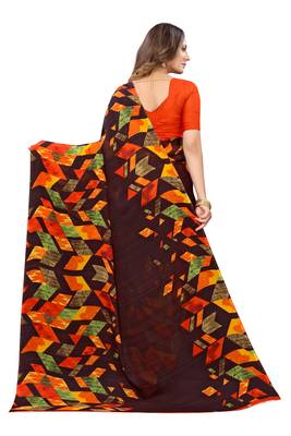 Brown printed georgette saree with blouse 4