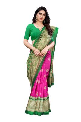 Pink printed art silk saree with blouse 3
