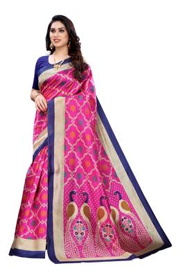 Pink printed art silk saree with blouse 1