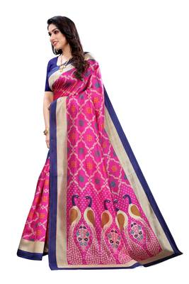 Pink printed art silk saree with blouse 2