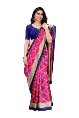 Pink printed art silk saree with blouse 3