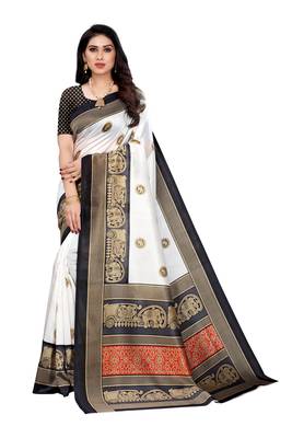 Black printed art silk saree with blouse 1