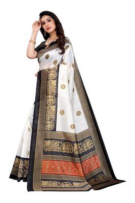 Black printed art silk saree with blouse 2