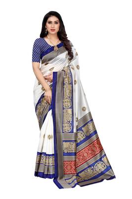 Dark blue printed art silk saree with blouse 1