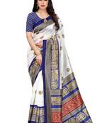 Dark blue printed art silk saree with blouse
