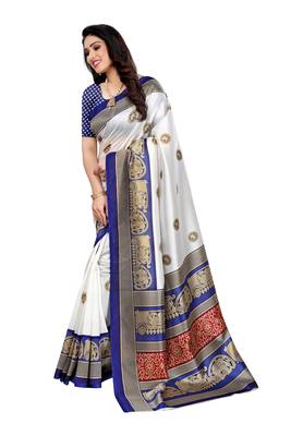 Dark blue printed art silk saree with blouse 2