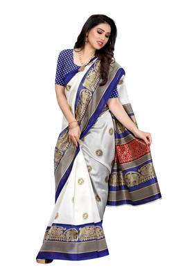 Dark blue printed art silk saree with blouse 3
