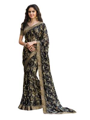 Black printed georgette saree with blouse 1