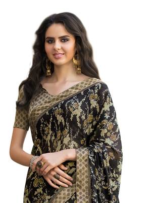 Black printed georgette saree with blouse 2
