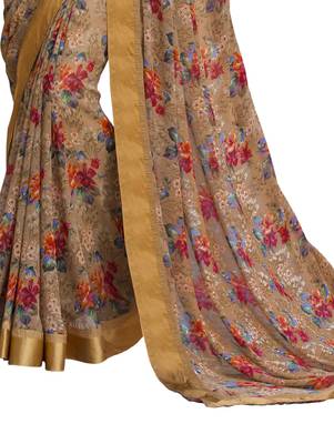Beige printed georgette saree with blouse 3
