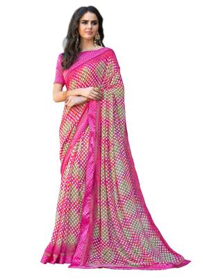 Pink printed georgette saree with blouse 1