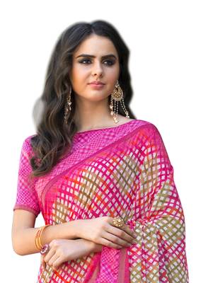 Pink printed georgette saree with blouse 2