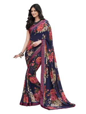 Navy blue printed georgette saree with blouse 1