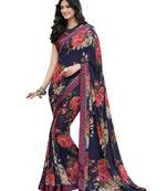 Navy blue printed georgette saree with blouse