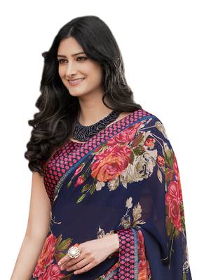 Navy blue printed georgette saree with blouse 2