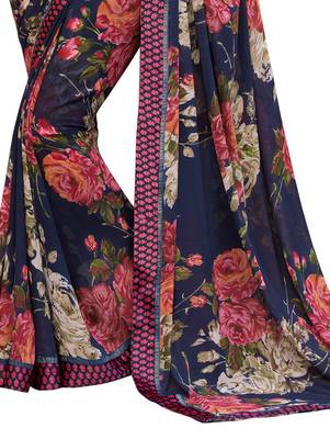 Navy blue printed georgette saree with blouse 3