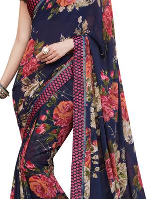 Navy blue printed georgette saree with blouse 4