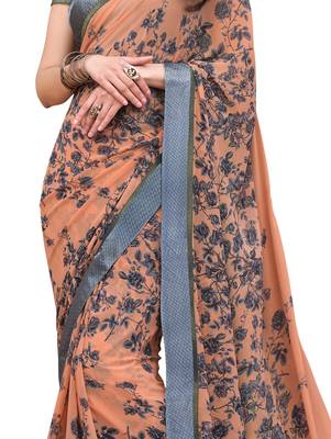 Orange printed georgette saree with blouse 4