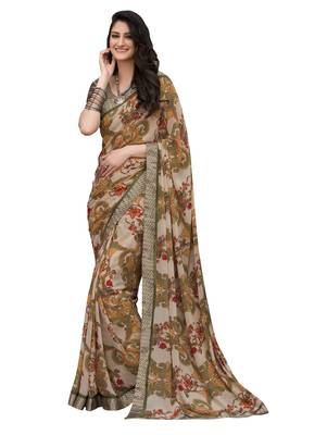 Beige printed georgette saree with blouse 1