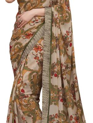 Beige printed georgette saree with blouse 4