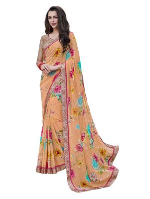 Orange printed georgette saree with blouse 1