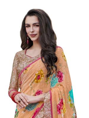 Orange printed georgette saree with blouse 2