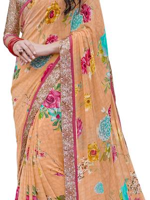 Orange printed georgette saree with blouse 4