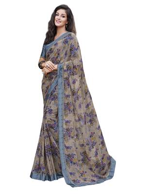 Grey printed georgette saree with blouse 1