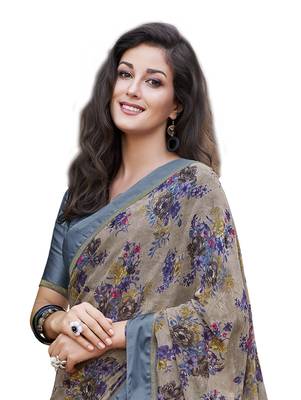 Grey printed georgette saree with blouse 2