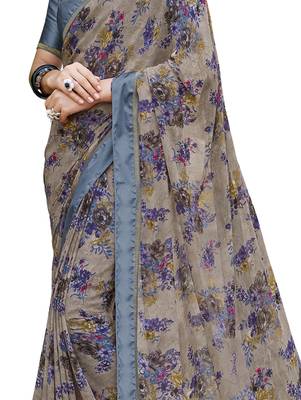 Grey printed georgette saree with blouse 4