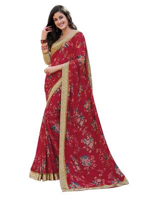 Red printed georgette saree with blouse 1